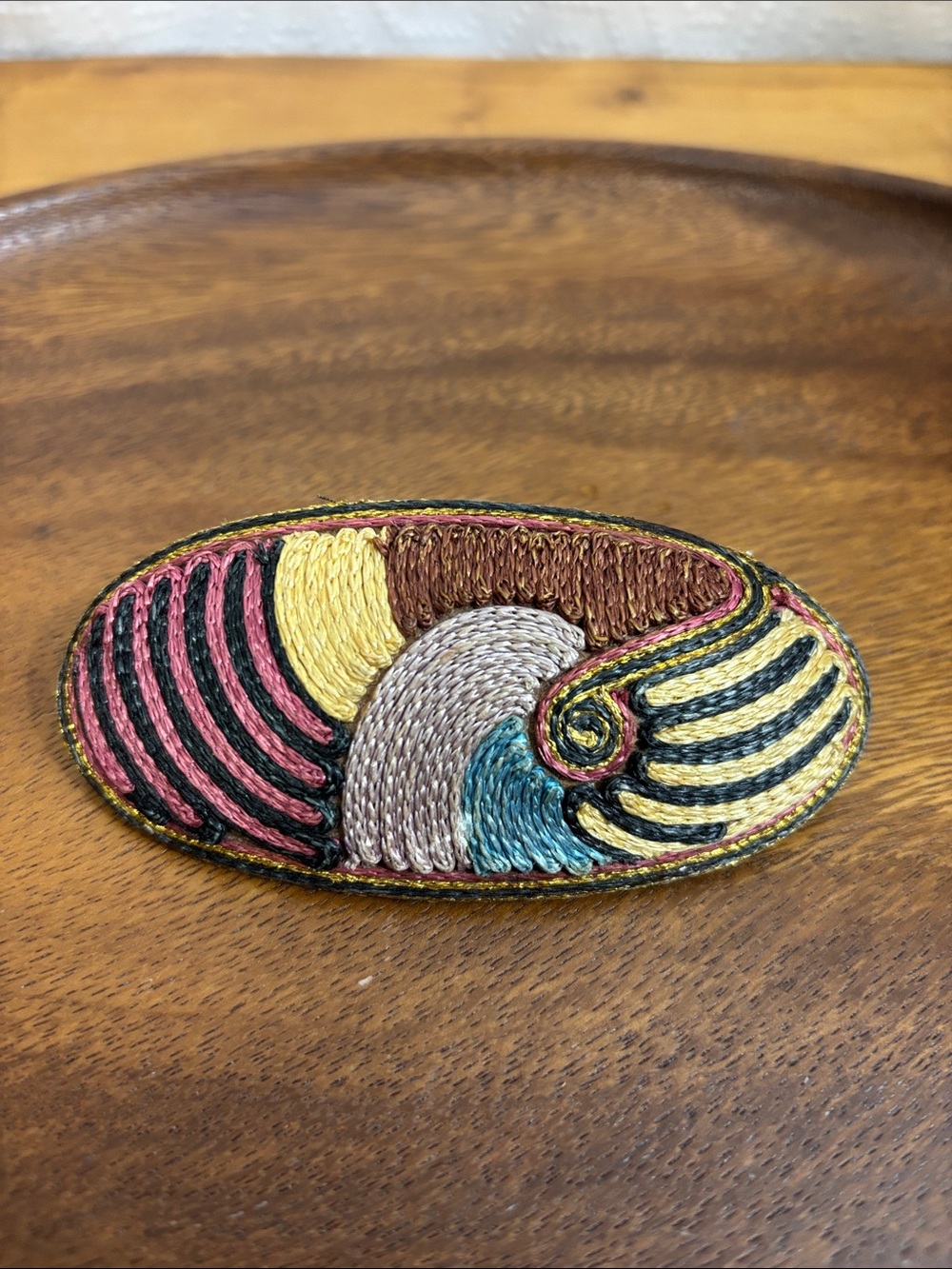 Vintage boho blue embroidered hair barrette clip made in France